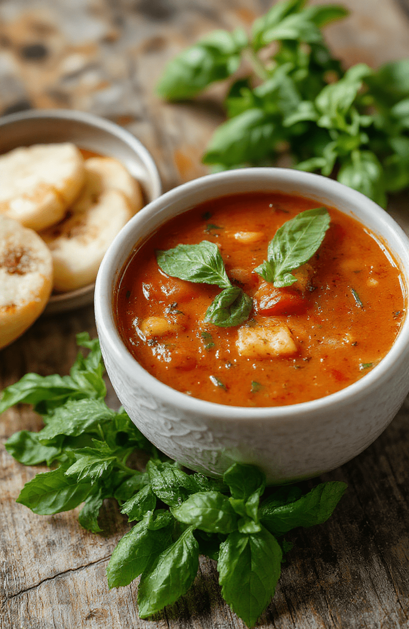 Rustic ceramic bowl filled with vibrant crimson tomato soup, Garnished with vibrant green basil leaves and a swirl of golden olive oil, steam rising gently, served beside crusty sourdough bread on a wooden cutting board in soft natural daylight.