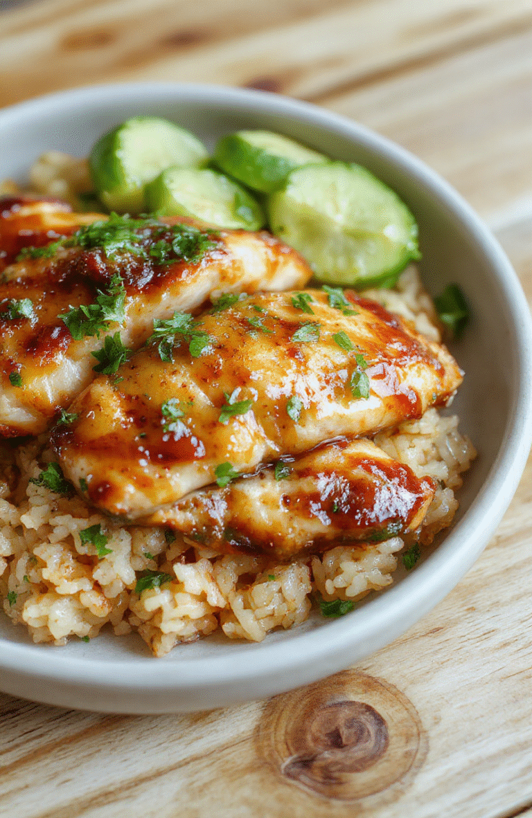 Glossy sticky honey garlic chicken thighs glistening with rich amber glaze, served over fluffy white rice with sesame seeds and sliced green onions, lightly charred edges visible, fresh garlic slices and ginger sprinkled on top, arranged on a rustic white ceramic plate against a light wooden tabletop with soft natural light casting gentle shadows.