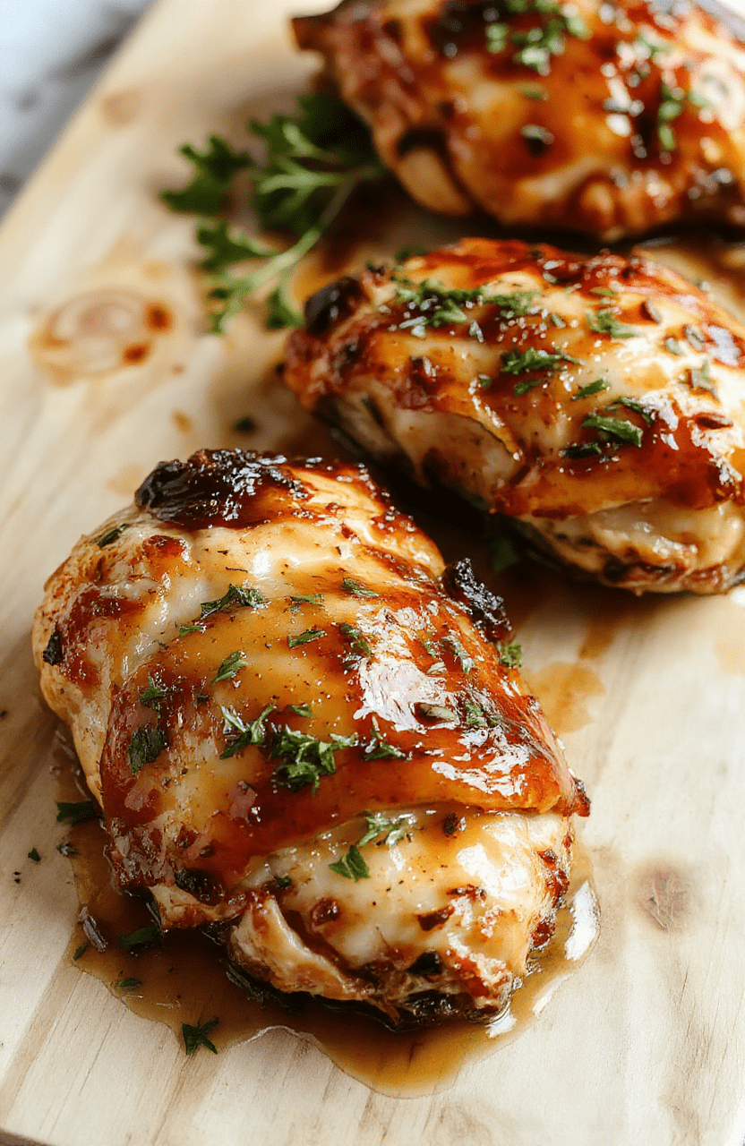 Golden-brown honey garlic chicken thighs resting on a bed of cooked rice, glistening with thick sticky glaze, garnished with sesame seeds and fresh green onions, served in a rustic ceramic bowl with steaming rice visible beside it.