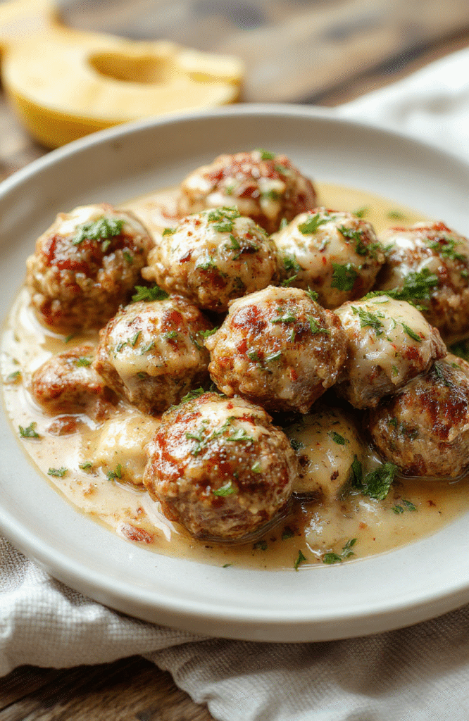Golden-brown juicy turkey meatballs nestled in a creamy garlic parmesan sauce on a rustic white ceramic plate, garnished with fresh parsley and a sprinkle of grated parmesan, with a hint of red pepper flakes and a side of steamed broccoli