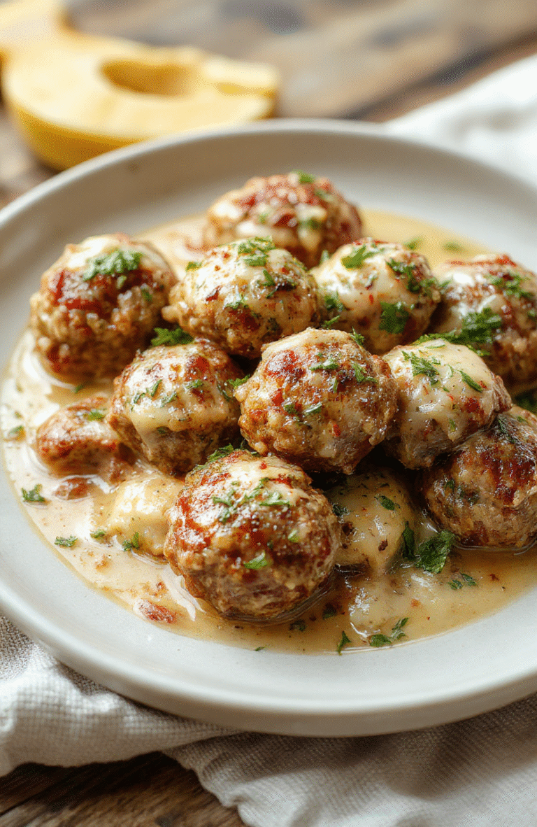 Golden-brown juicy turkey meatballs nestled in a creamy garlic parmesan sauce on a rustic white ceramic plate, garnished with fresh parsley and a sprinkle of grated parmesan, with a hint of red pepper flakes and a side of steamed broccoli