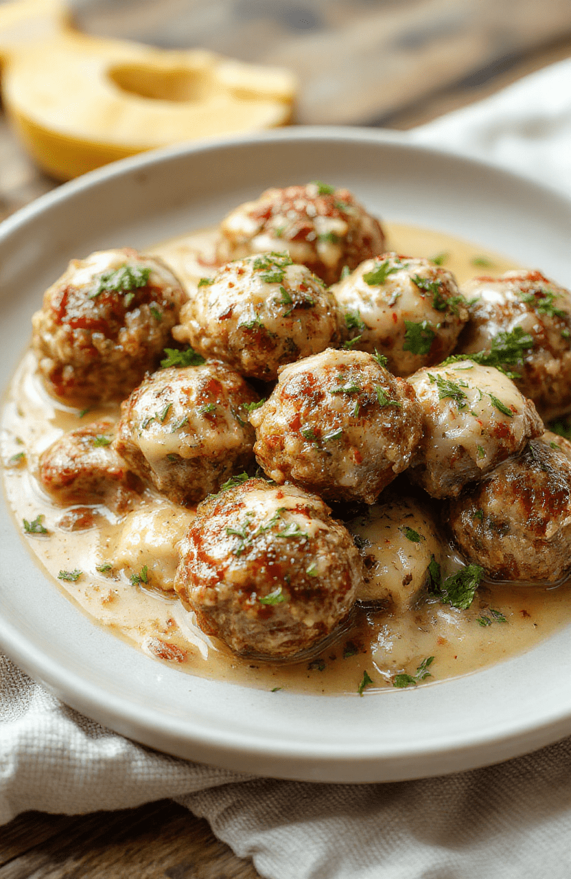 Golden-brown juicy turkey meatballs nestled in a creamy garlic parmesan sauce on a rustic white ceramic plate, garnished with fresh parsley and a sprinkle of grated parmesan, with a hint of red pepper flakes and a side of steamed broccoli