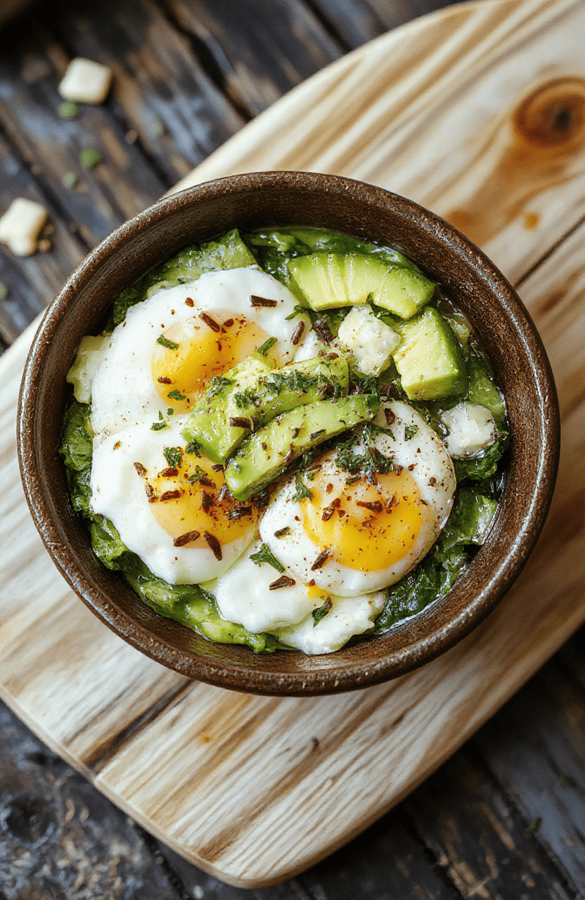A vibrant keto breakfast bowl featuring perfectly pan-fried eggs with crispy edges, creamy half-sliced avocado, crumbled sharp cheddar cheese, sautéed spinach, and a drizzle of olive oil on a rustic wooden board. Fresh parsley sprinkled on top for color, soft natural light highlighting the textures and colors.