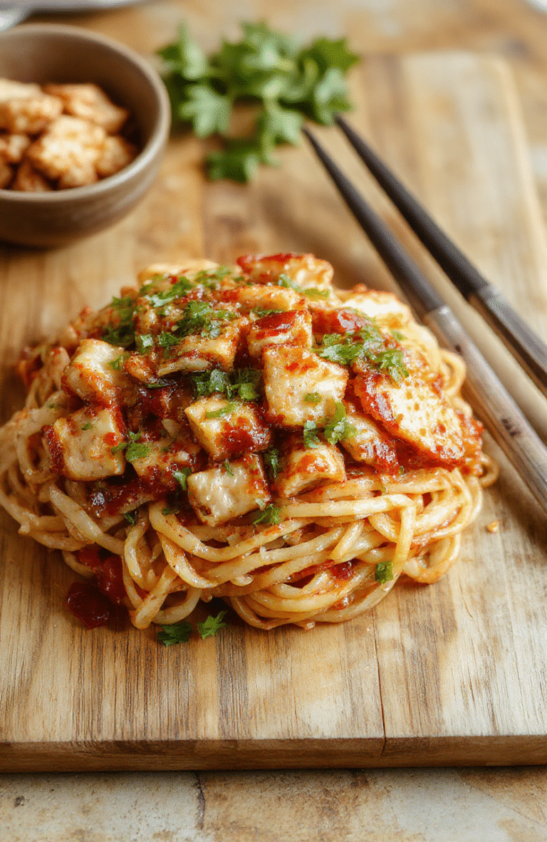 A vibrant bowl of kung pao noodles topped with roasted peanuts, sliced scallions, and diced chicken, served on a rustic wooden board with steam rising. The noodles are golden-brown with a glossy chili-garlic sauce, studded with red chili flakes, bell pepper chunks, and crispy tofu bits.
