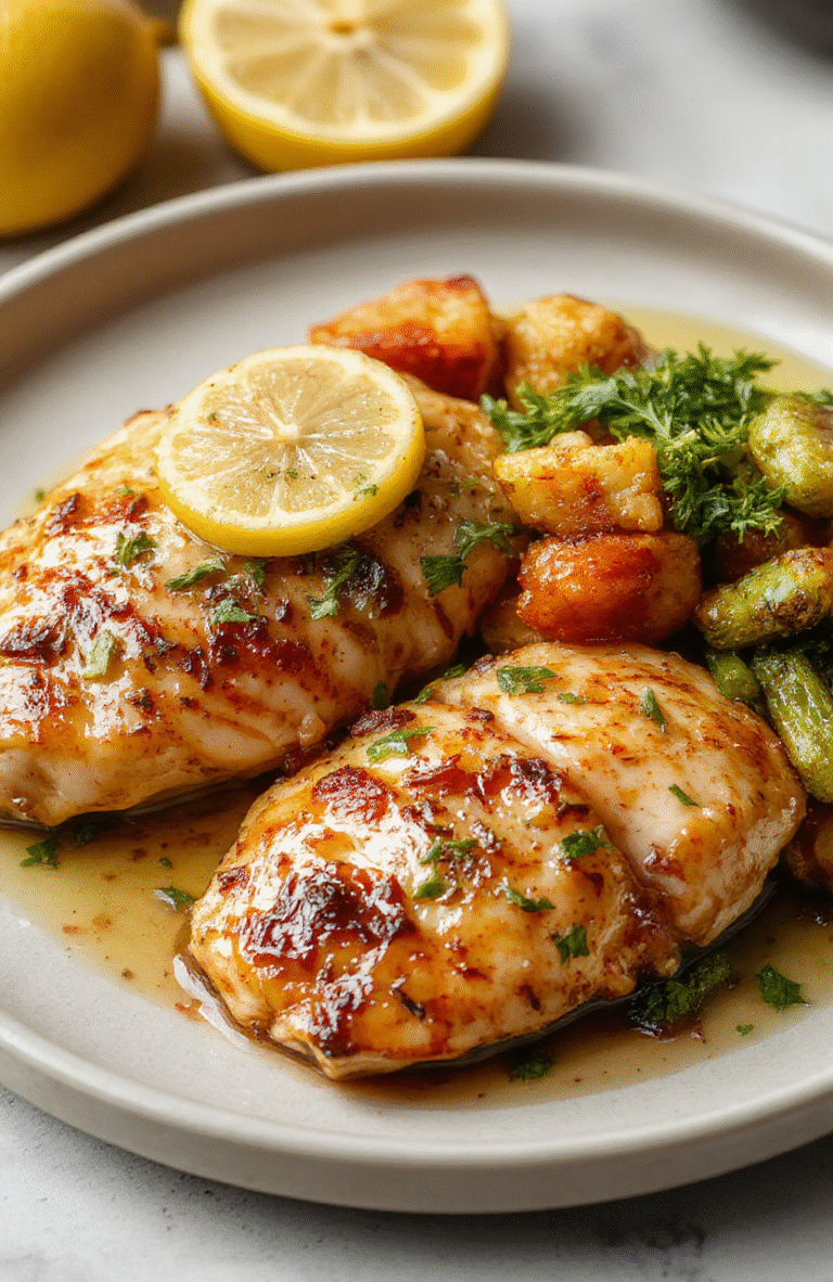Golden-brown seared chicken thighs nestled in a glossy garlic butter sauce with chopped parsley and lemon wedges on a rustic ceramic plate, accompanied by roasted baby potatoes and green beans, garnished with fresh thyme sprigs