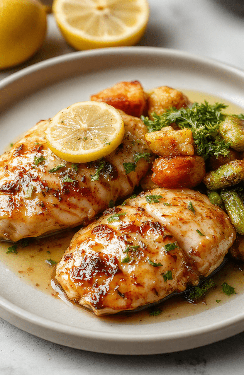 Golden-brown seared chicken thighs nestled in a glossy garlic butter sauce with chopped parsley and lemon wedges on a rustic ceramic plate, accompanied by roasted baby potatoes and green beans, garnished with fresh thyme sprigs