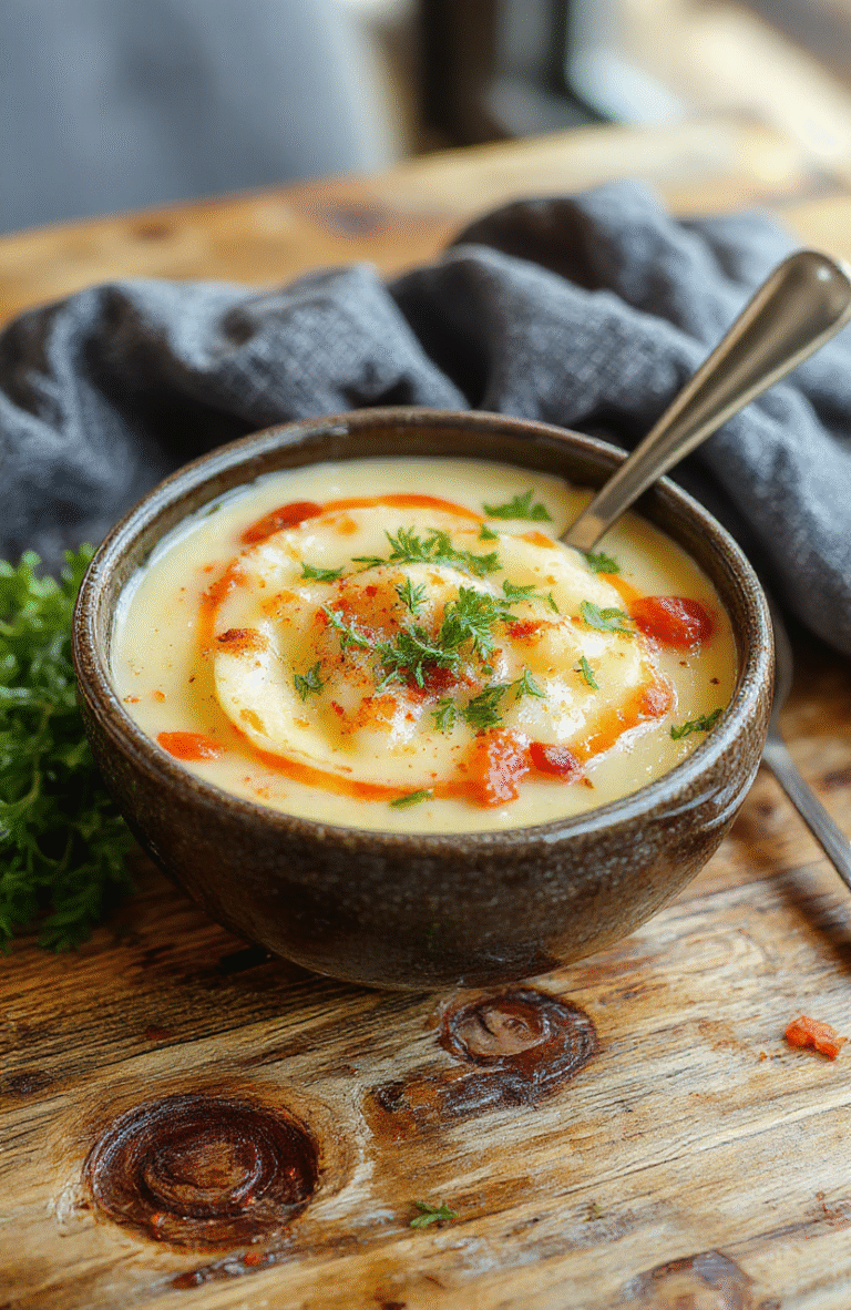 A rustic bowl of creamy loaded potato soup topped with crispy bacon bits, shredded cheddar cheese, green onions, and a dollop of sour cream, served in a warmed ceramic bowl on a wooden table with soft natural lighting.