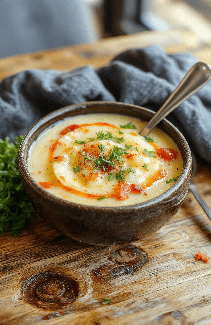 A rustic bowl of creamy loaded potato soup topped with crispy bacon bits, shredded cheddar cheese, green onions, and a dollop of sour cream, served in a warmed ceramic bowl on a wooden table with soft natural lighting.