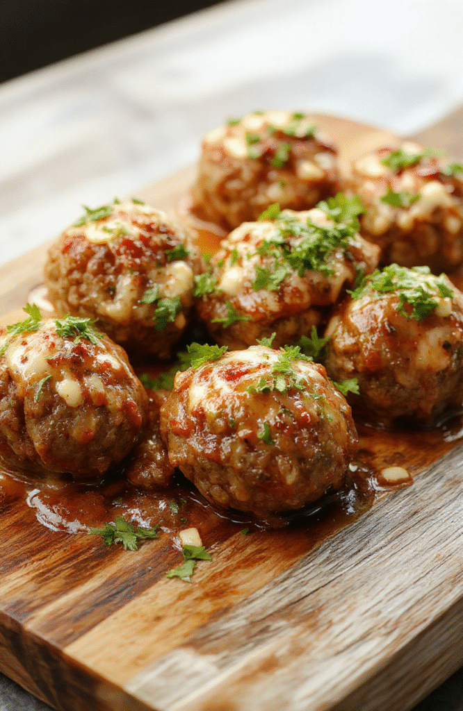 Juicy, golden-brown Italian meatballs arranged on a white ceramic plate, lightly glistening with olive oil and dotted with fresh parsley, served with a side of marinara sauce in a ramekin and a sprinkle of grated Parmesan. Warm ambient lighting highlights the textures—crisp exterior giving way to visibly tender interior.