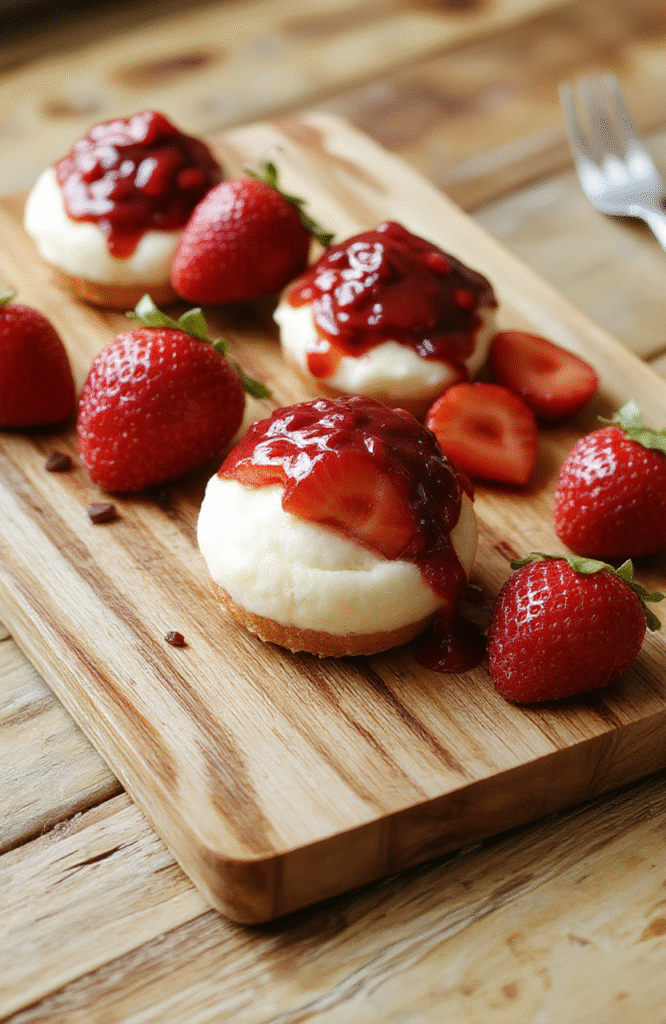 Fresh strawberries halved and stuffed with creamy no-bake cheesecake filling, arranged on a white ceramic plate with a dusting of powdered sugar and fresh mint leaves, vibrant red and cream colors with glossy sheen