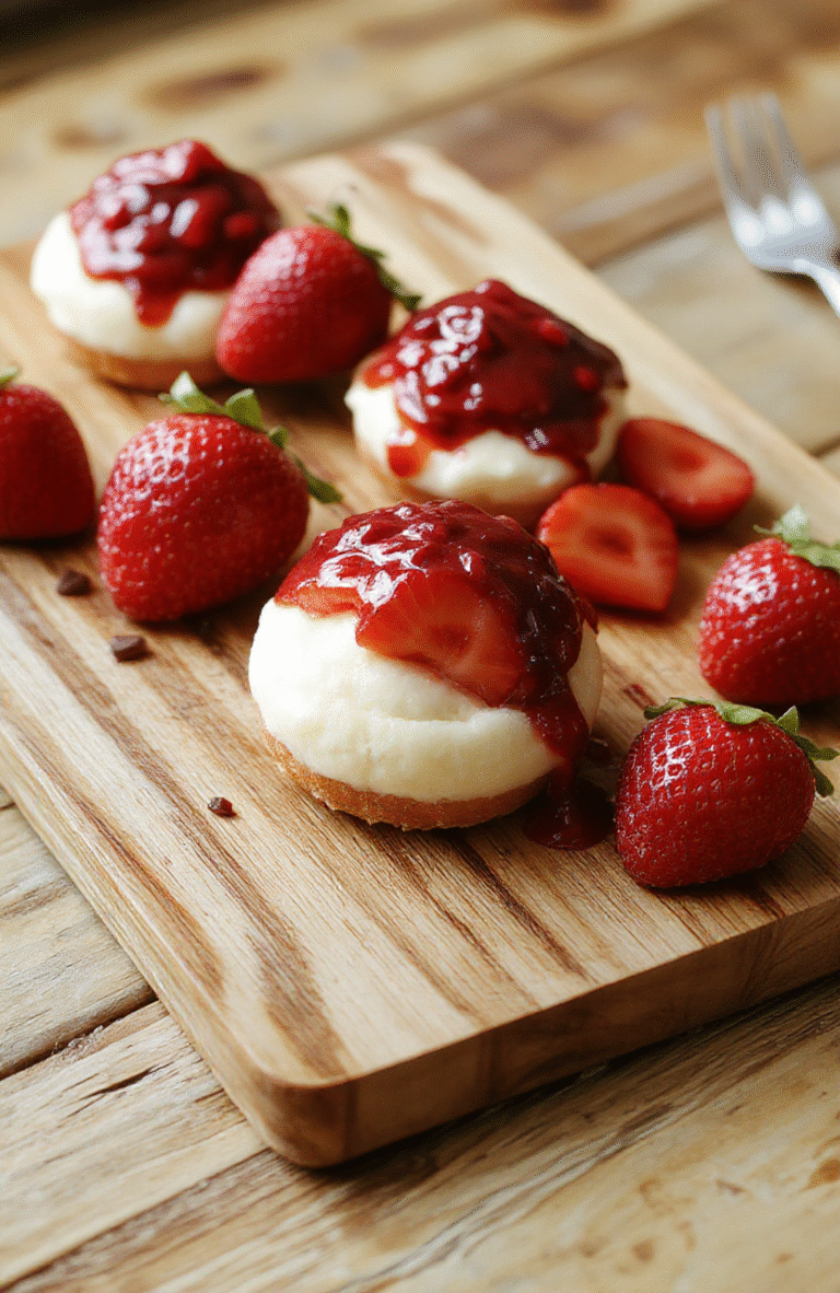 Fresh strawberries halved and stuffed with creamy no-bake cheesecake filling, arranged on a white ceramic plate with a dusting of powdered sugar and fresh mint leaves, vibrant red and cream colors with glossy sheen