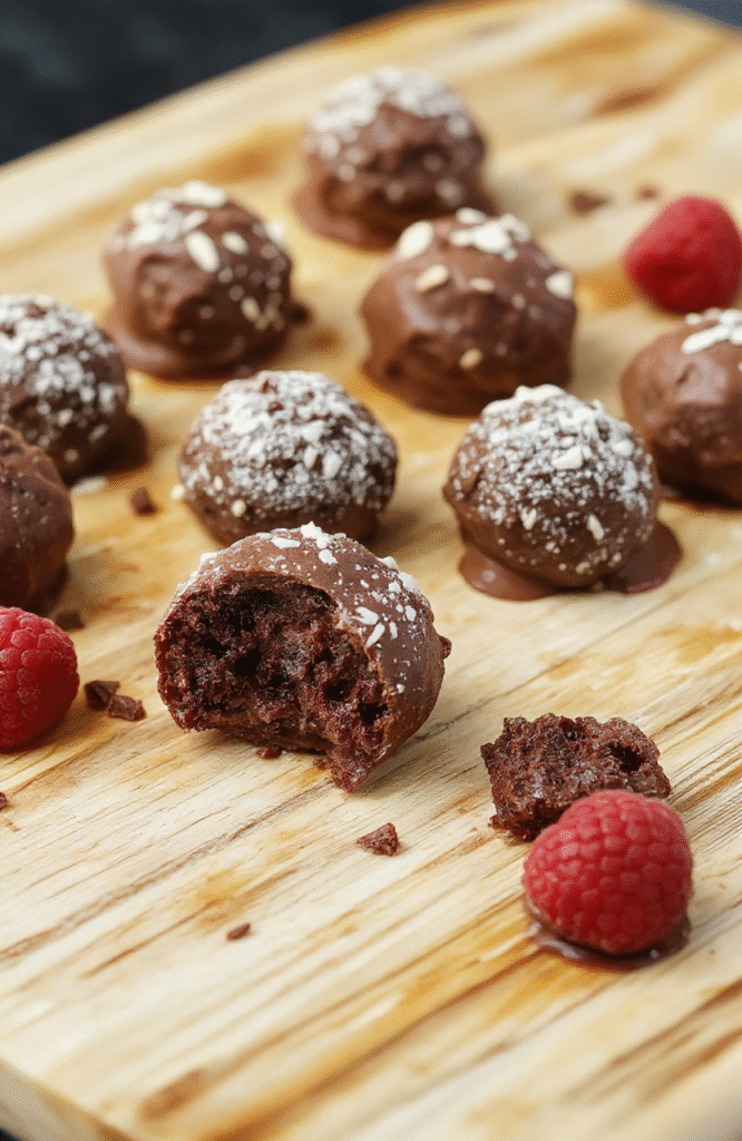 Glittering no-bake chocolate raspberry truffles on a rustic wooden cutting board, dusted with edible gold flakes and fresh raspberries, surrounded by cocoa powder and dark chocolate shavings, natural light, soft shadows, vibrant red and deep brown contrast
