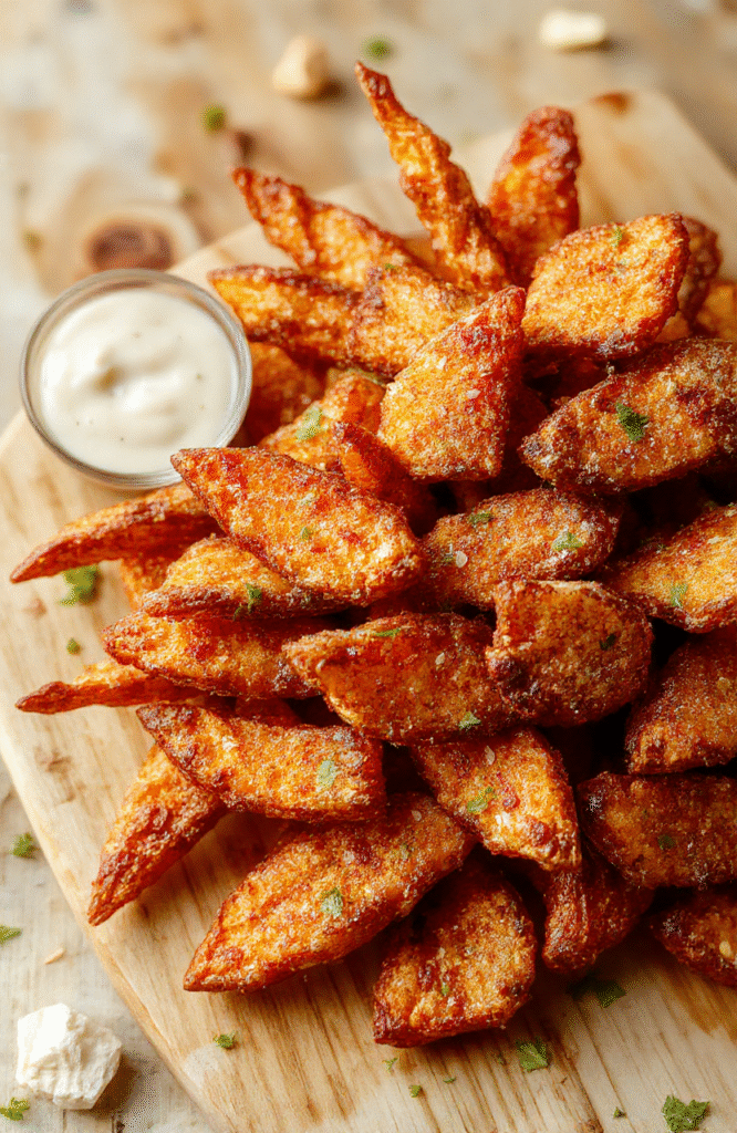 Golden-brown, uniformly cut sweet potato fries arranged in a rustic wooden bowl with a light dusting of flaky sea salt and fresh rosemary; background is soft-focused in natural daylight with warm tones
