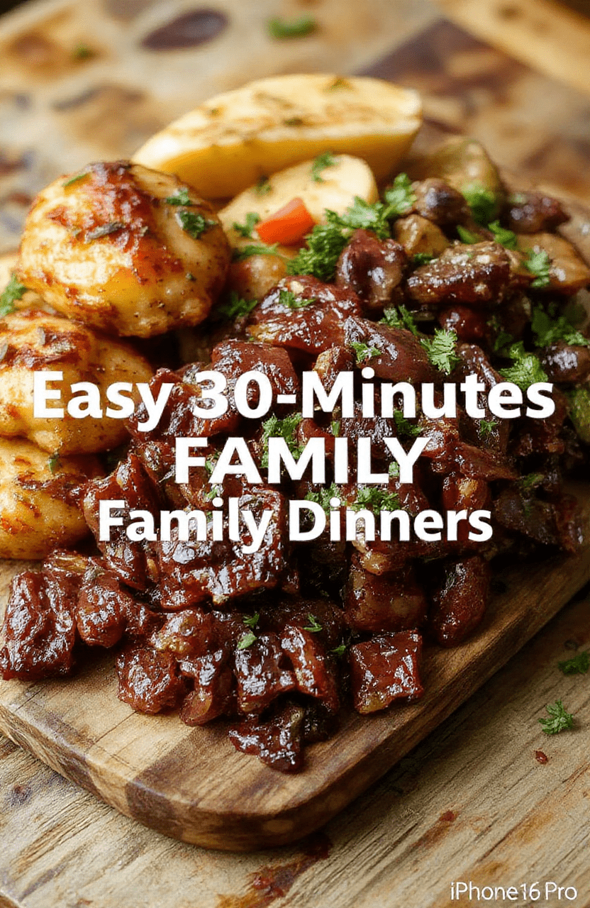 A vibrant one-pan sheet pan dinner featuring golden roasted chicken thighs, caramelized bell peppers, red onions, and baby potatoes, garnished with fresh parsley, plated on a rustic wooden board against a soft blurred kitchen background.