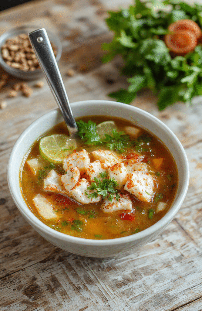 A steaming bowl of clear golden chicken broth with tender shredded chicken, wide rice noodles, fresh cilantro, Thai basil, red jalapeño slices, green onions, and lime wedges arranged artfully on top. Background is a rustic wooden table with soft natural lighting and subtle steam rising.