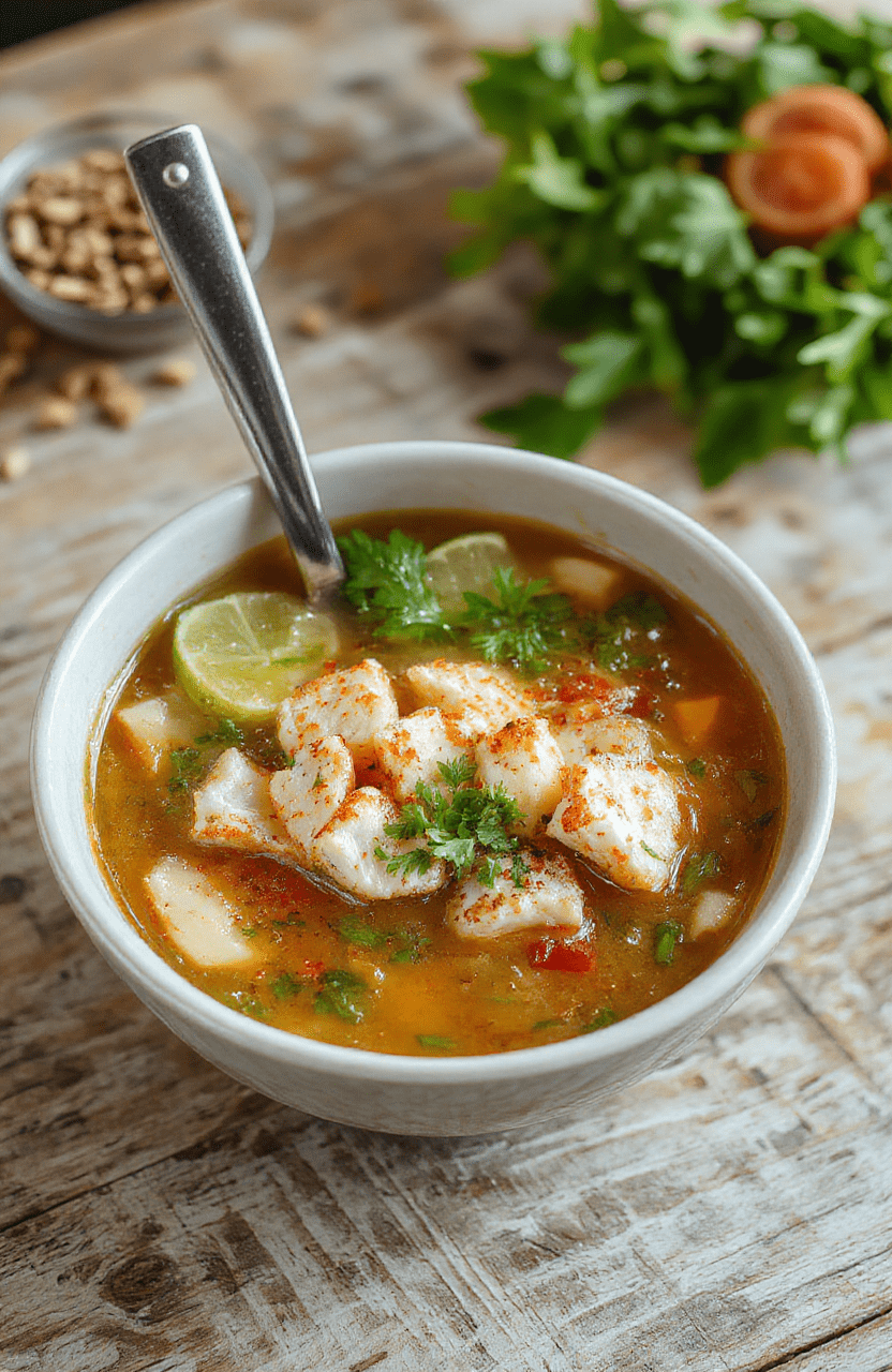 A steaming bowl of clear golden chicken broth with tender shredded chicken, wide rice noodles, fresh cilantro, Thai basil, red jalapeño slices, green onions, and lime wedges arranged artfully on top. Background is a rustic wooden table with soft natural lighting and subtle steam rising.