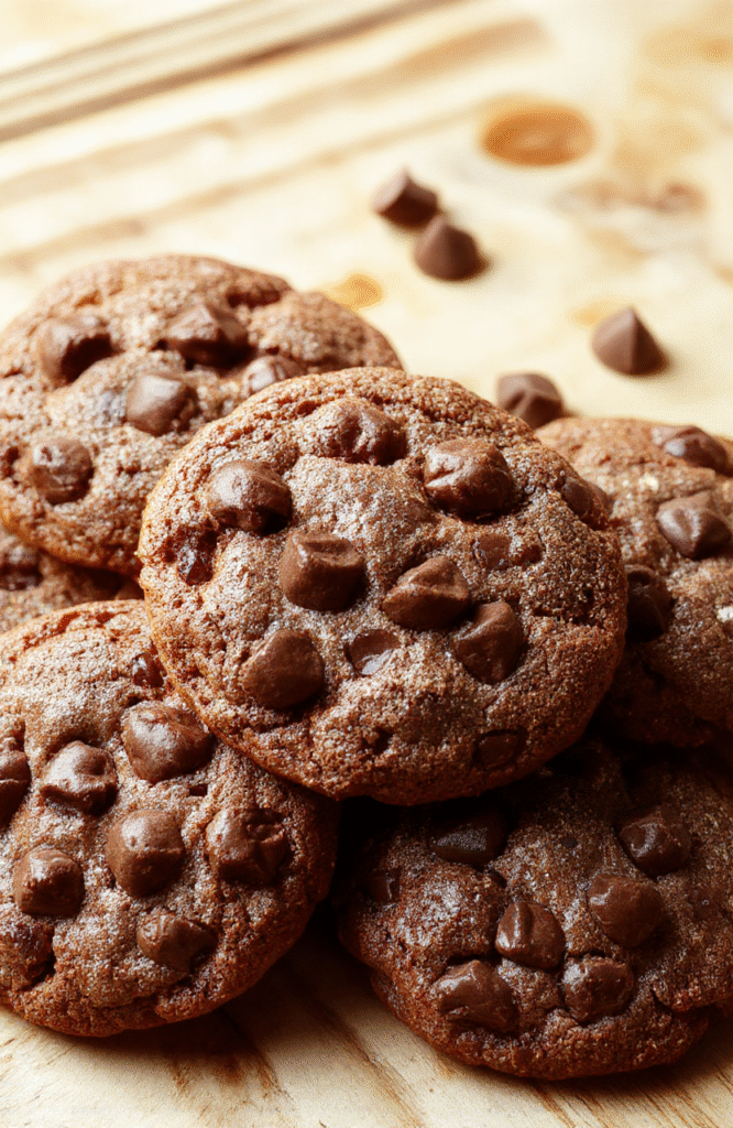 Three golden-brown, glistening chewy chocolate chip cookies on a rustic white ceramic plate, edges soft and slightly cracked, rich dark chocolate chips melted and glossy, dusted with a light sprinkle of flaky sea salt, placed on a light oak wooden table with soft natural daylight streaming in from the side.