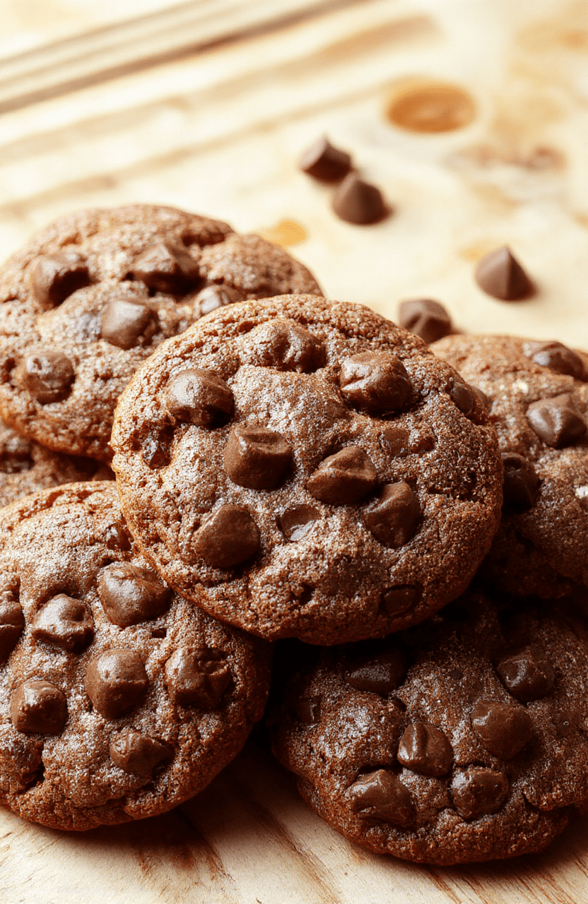 Three golden-brown, glistening chewy chocolate chip cookies on a rustic white ceramic plate, edges soft and slightly cracked, rich dark chocolate chips melted and glossy, dusted with a light sprinkle of flaky sea salt, placed on a light oak wooden table with soft natural daylight streaming in from the side.