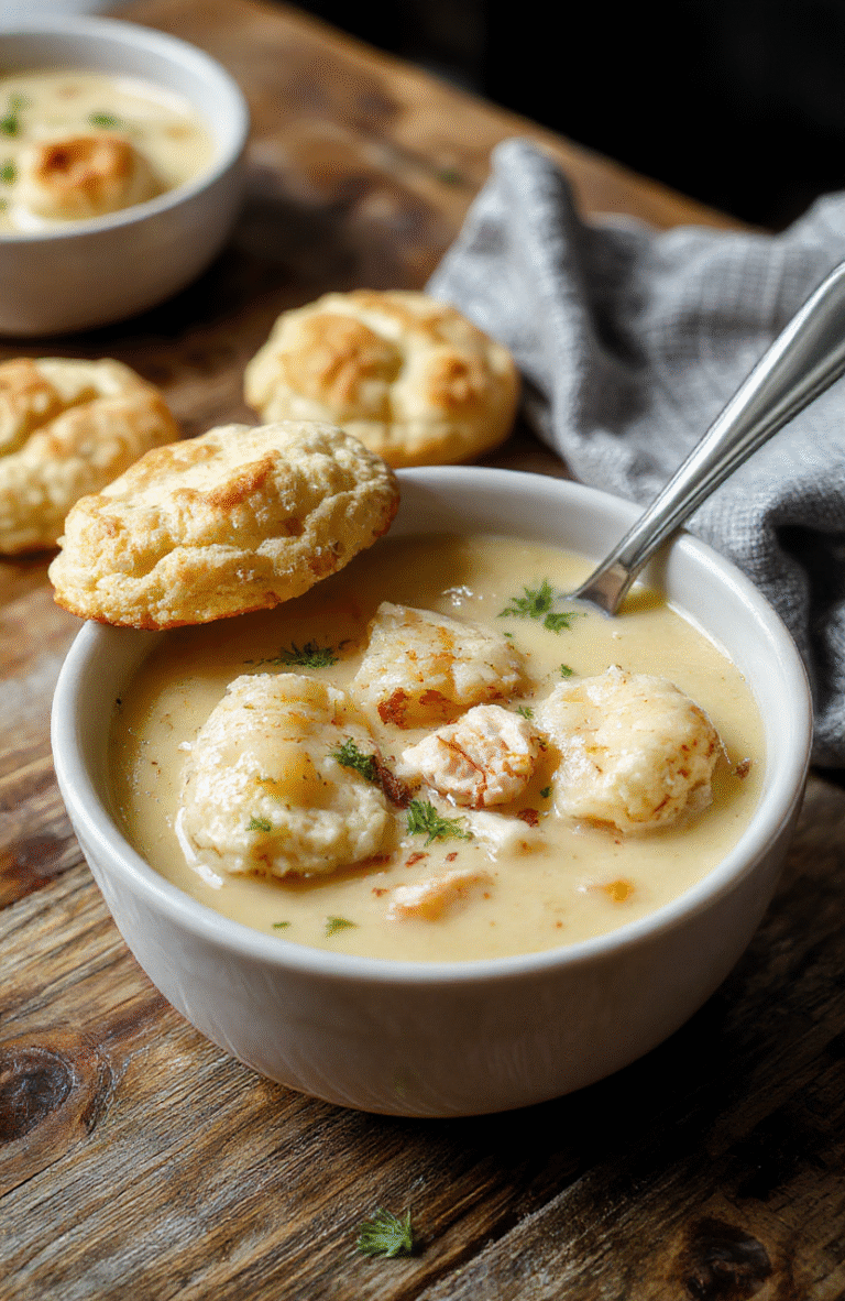 A steaming bowl of hearty chicken dumpling soup featuring tender shredded chicken, soft dumplings, and vegetables in a creamy broth, topped with a golden-brown biscuit on the side, served in a rustic white ceramic bowl on a wooden table with soft natural lighting.