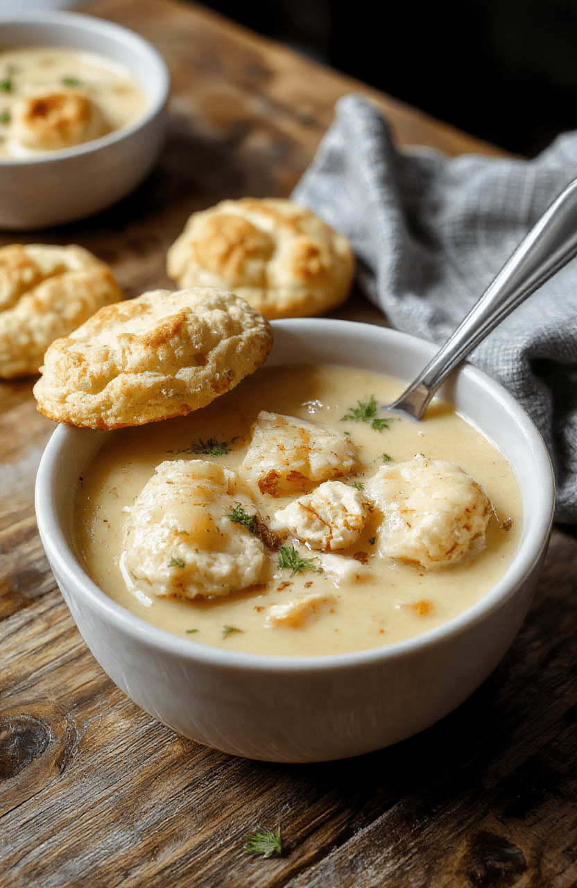 A steaming bowl of hearty chicken dumpling soup featuring tender shredded chicken, soft dumplings, and vegetables in a creamy broth, topped with a golden-brown biscuit on the side, served in a rustic white ceramic bowl on a wooden table with soft natural lighting.