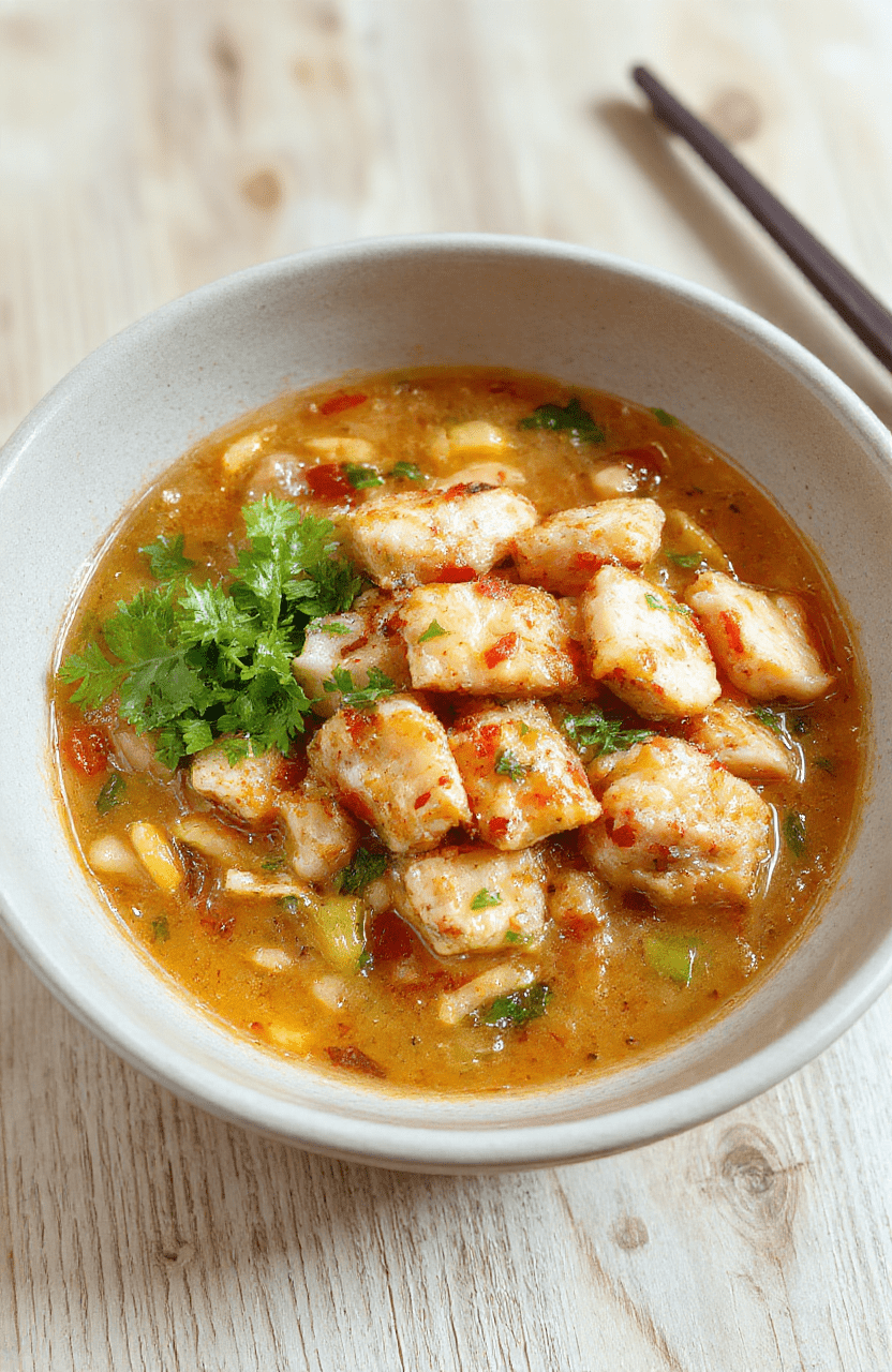 A vibrant bowl of steaming quick chicken ramen stir fry garnished with sliced green onions, sesame seeds, soft-boiled egg half, and shredded chicken, served in a deep ceramic bowl with chopsticks resting on top, against a light wooden background with subtle steam rising