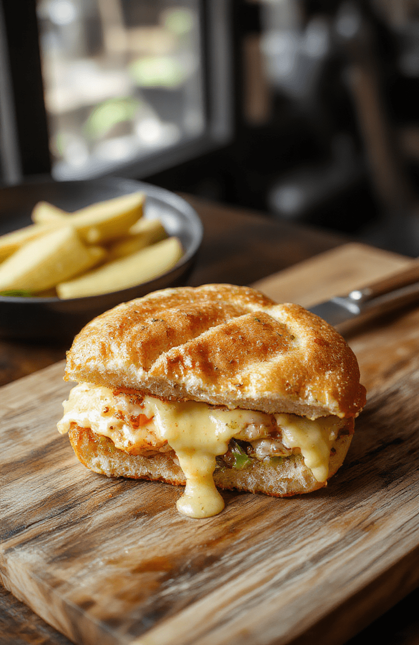 Golden-brown grilled cheese sandwich made with sweet Hawaiian dinner rolls, melted cheddar and mozzarella cheese oozing slightly, toasted on a griddle, served on a wooden board with a side of ketchup and a pickle slice.