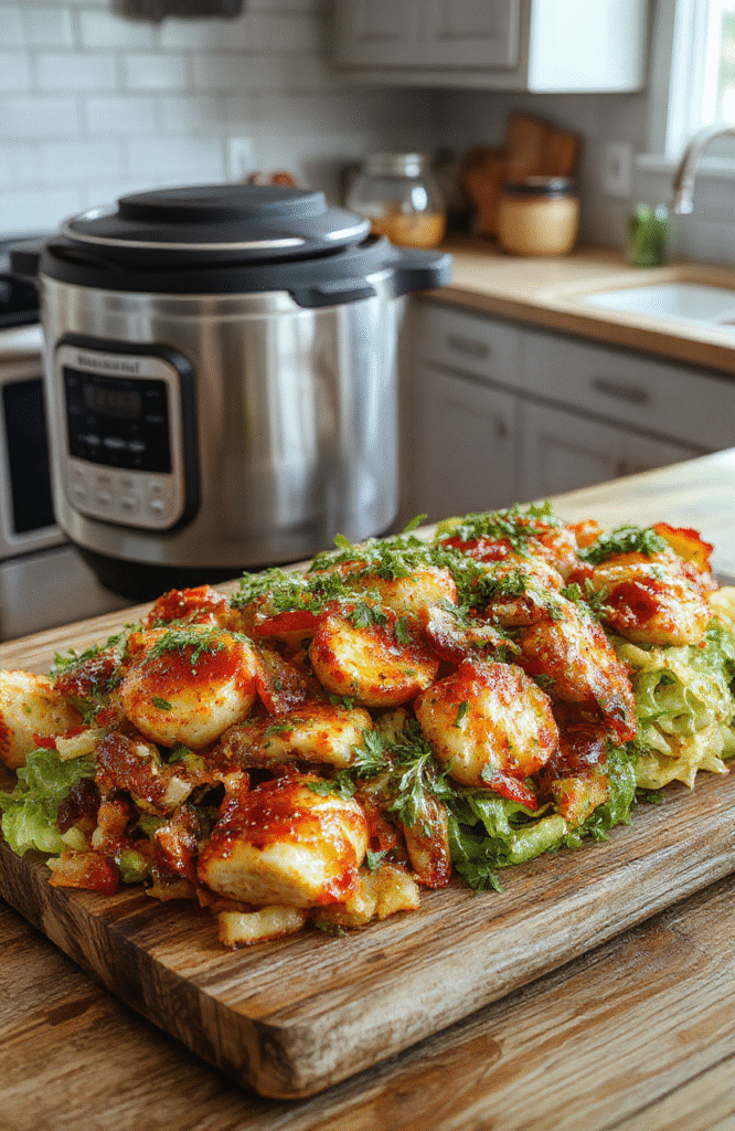 A stainless-steel Instant Pot on a clean white countertop, steam rising from the valve, with a wooden spoon resting on the counter beside it. Behind it, a rustic cutting board holds chopped garlic, fresh parsley, and onion, while a plate of golden-brown chicken thighs and roasted carrots sits to the side. Natural daylight streams in from a nearby window with soft shadows.