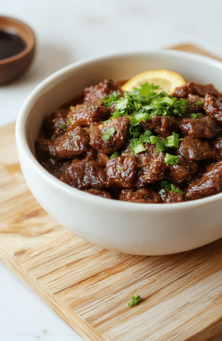 A steaming Korean beef bowl with glossy brown glazed beef strips, fluffy white rice, thinly sliced green onions, sesame seeds, and a soft-boiled egg halved on top, served in a rustic ceramic bowl against a light wooden table with subtle steam rising.
