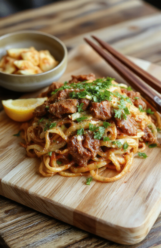 A steaming bowl of Mongolian beef noodles featuring tender beef strips glazed in glossy brown sugar-garlic-ginger sauce, tossed with chewy flat rice noodles, thin sliced bok choy, and crisp green onions, served in a rustic ceramic bowl against a light wooden table with soft natural lighting.