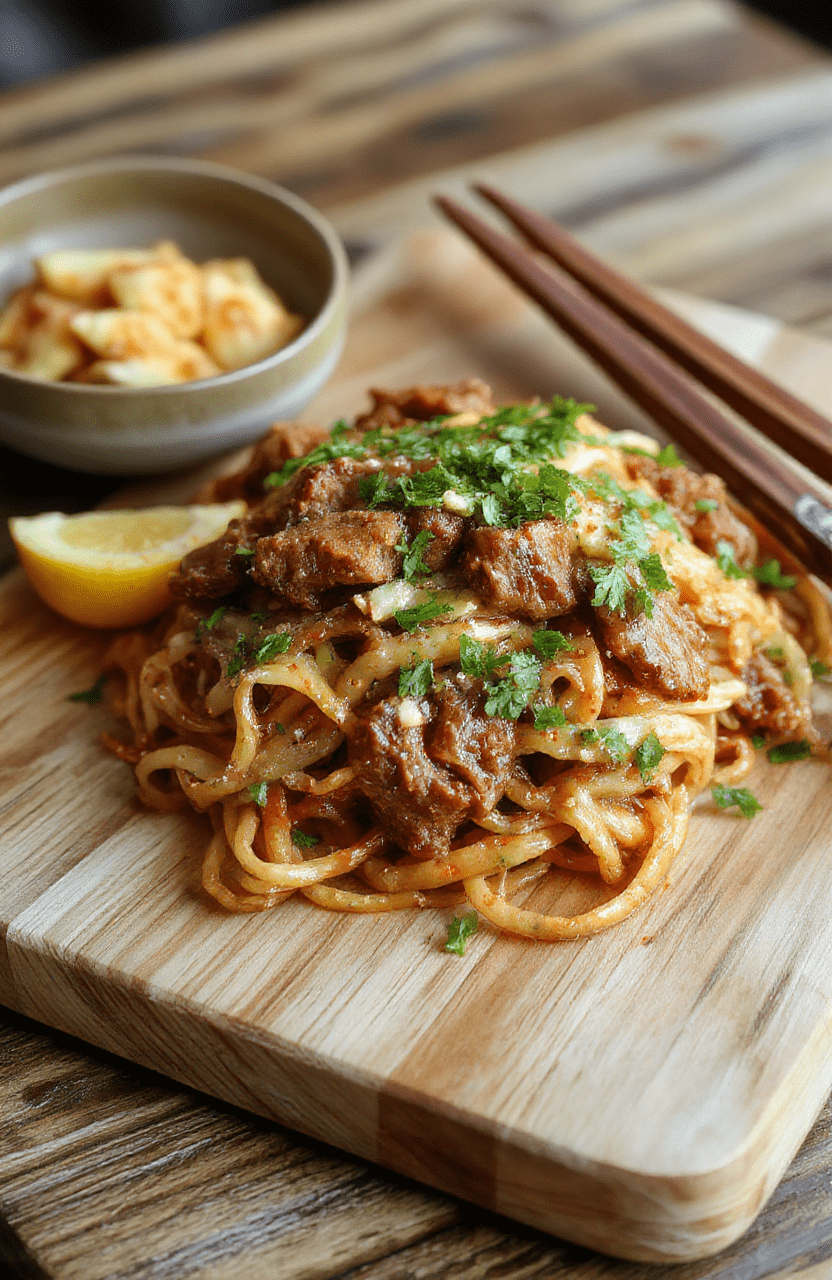 A steaming bowl of Mongolian beef noodles featuring tender beef strips glazed in glossy brown sugar-garlic-ginger sauce, tossed with chewy flat rice noodles, thin sliced bok choy, and crisp green onions, served in a rustic ceramic bowl against a light wooden table with soft natural lighting.