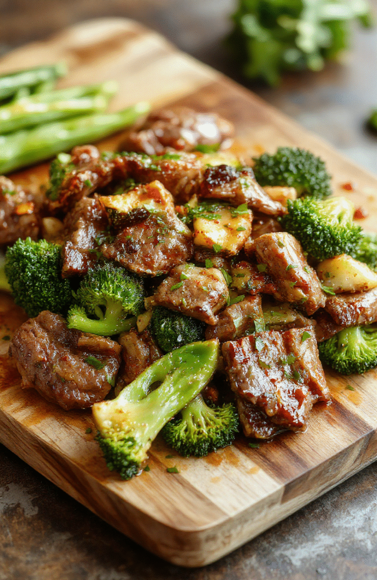 Seared beef strips and vibrant green broccoli florets in a glossy, slightly sticky garlic-soy glaze, served over fluffy white rice in a rustic ceramic bowl on a warm wooden table, garnished with sesame seeds and sliced green onions.