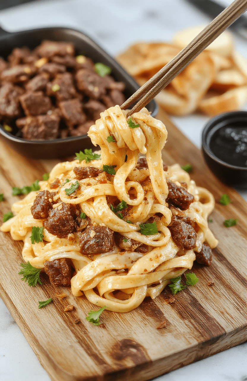 Close-up of glossy, sticky-savory beef noodles in a shallow white bowl, glistening with sesame oil glaze, topped with fresh green scallions, toasted sesame seeds, and thin slices of quick-seared beef. Steam rises gently. Background is crisp light wood surface with soft shadows.