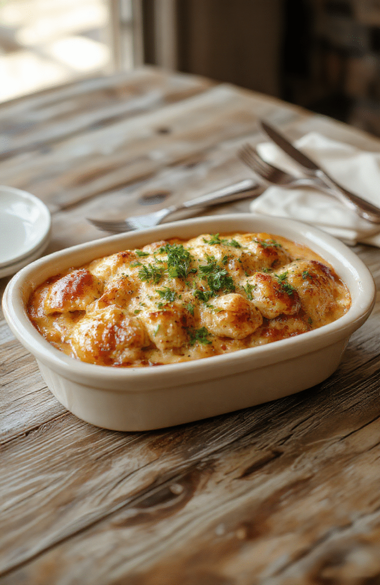 A golden-brown, cheesy-browned chicken casserole in a deep ceramic baking dish, topped with crispy panko and fresh parsley, surrounded by melted shredded cheddar and mozzarella, with tender chicken, rice, and peas visible in layers. Moist, glistening texture, served with steam rising. Minimal rustic white background.