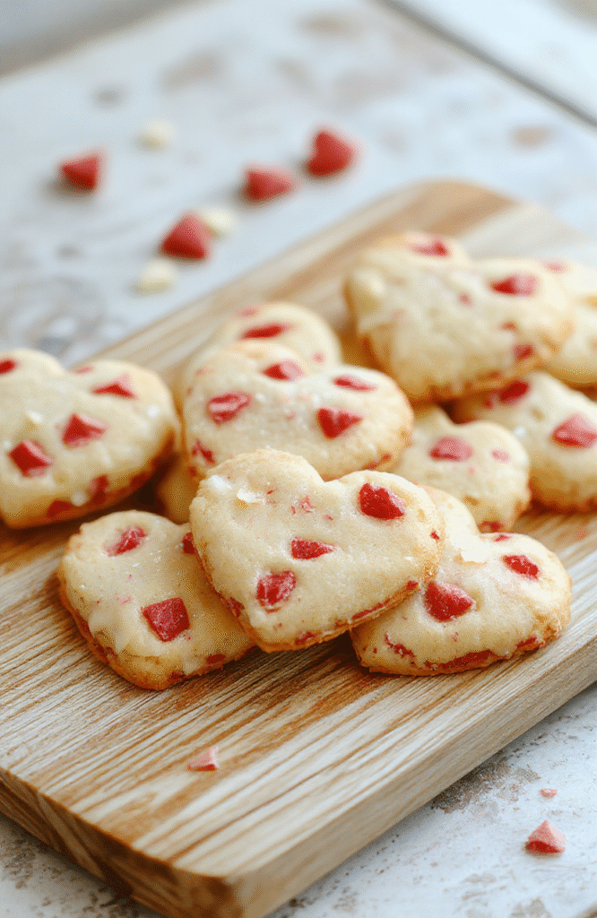 A batch of soft, pink-hued heart-shaped cookies with red sugar crystal glaze hearts in the center, arranged on a rustic white ceramic plate with subtle frosting swirls and edible red rose petals scattered around
