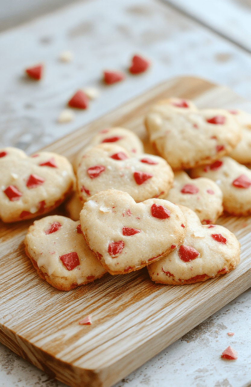 A batch of soft, pink-hued heart-shaped cookies with red sugar crystal glaze hearts in the center, arranged on a rustic white ceramic plate with subtle frosting swirls and edible red rose petals scattered around