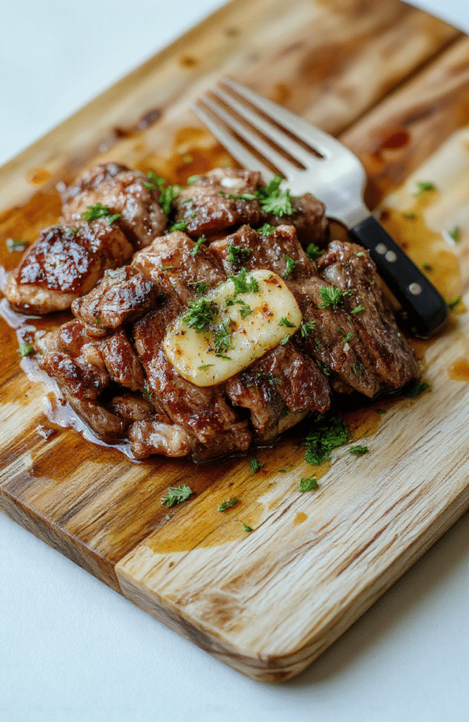 Seared steak strips glistening with golden garlic butter sauce, nestled in a cast iron skillet alongside baby carrots, green beans, and cherry tomatoes, with fresh parsley scattered on top, on a rustic wooden table in warm natural light.
