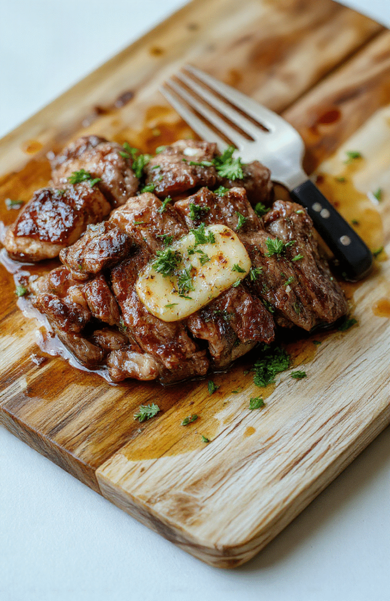 Seared steak strips glistening with golden garlic butter sauce, nestled in a cast iron skillet alongside baby carrots, green beans, and cherry tomatoes, with fresh parsley scattered on top, on a rustic wooden table in warm natural light.