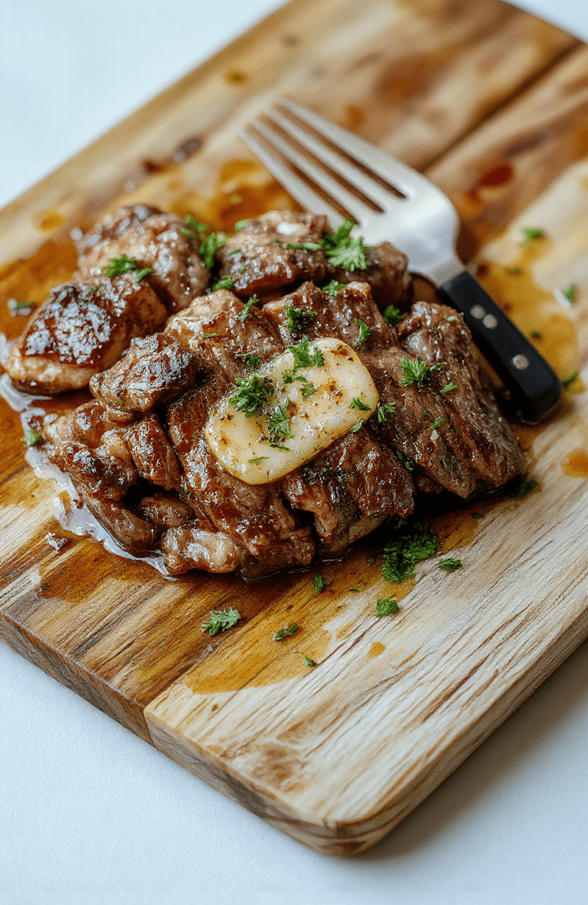 Seared steak strips glistening with golden garlic butter sauce, nestled in a cast iron skillet alongside baby carrots, green beans, and cherry tomatoes, with fresh parsley scattered on top, on a rustic wooden table in warm natural light.