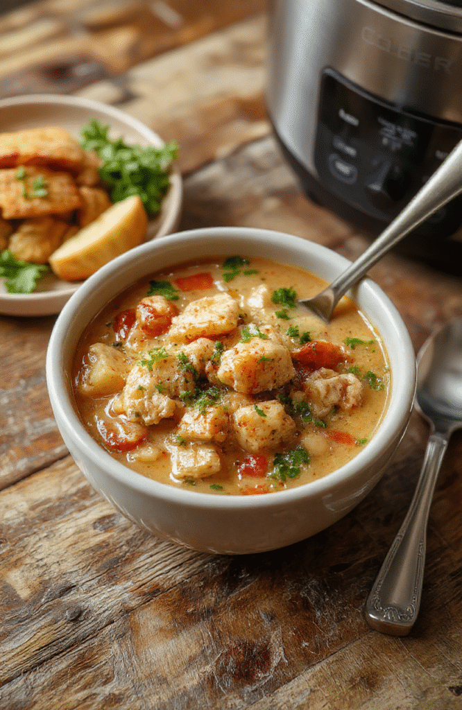 Hearty chicken stew in a rustic ceramic bowl, garnished with fresh parsley, featuring tender chicken chunks, carrots, potatoes, and celery in a rich golden broth, served on a warm wooden table with soft natural light and subtle steam rising.
