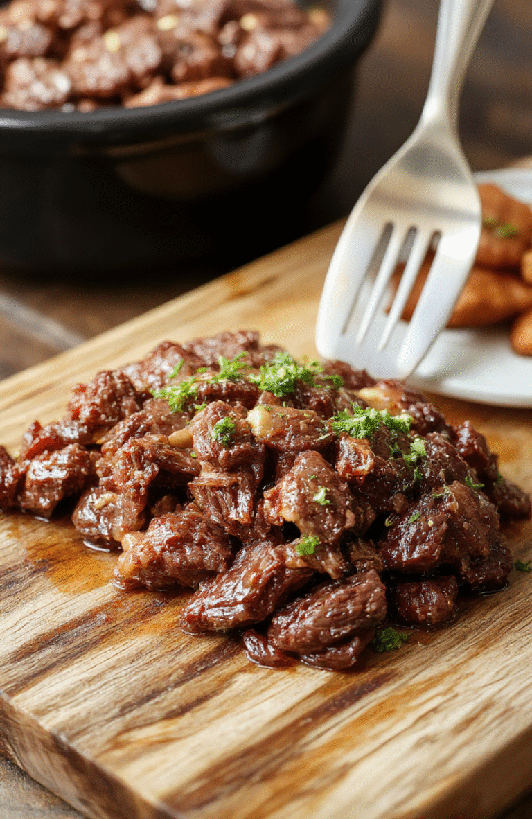 A rustic ceramic crockpot filled with fork-tender beef chunks in a rich, glossy brown gravy, garnished with fresh rosemary sprigs and a few peppercorns, served in a white bowl with mashed potatoes and green beans on the side, photographed on a pine cutting board in soft natural daylight, shallow depth of field, moist steam rising from the beef