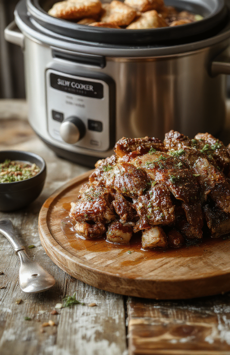 A rustic ceramic slow cooker on a wooden table, lid off, revealing tender beef chuck roast with caramelized edges, surrounded by golden-brown baby carrots, halved potatoes, and soft yellow onions, all glistening in rich brown gravy, with fresh thyme sprigs scattered on top, lit by soft natural daylight.