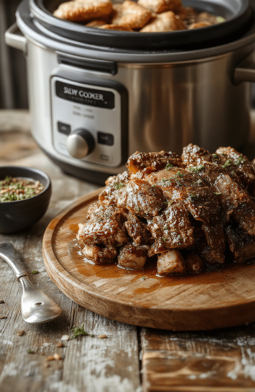 A rustic ceramic slow cooker on a wooden table, lid off, revealing tender beef chuck roast with caramelized edges, surrounded by golden-brown baby carrots, halved potatoes, and soft yellow onions, all glistening in rich brown gravy, with fresh thyme sprigs scattered on top, lit by soft natural daylight.