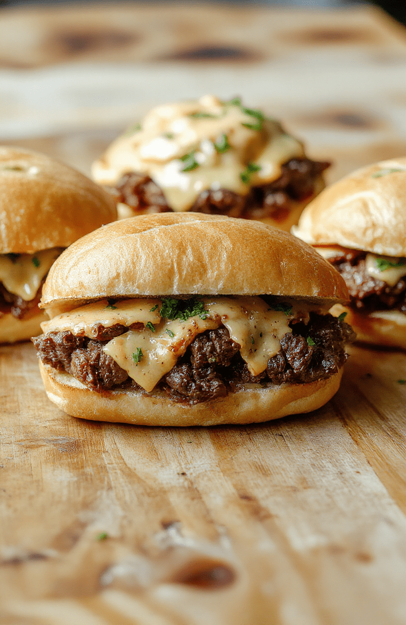 A hearty sandwich with stacks of tender, shredded slow-cooked beef nestled between two toasted rustic rolls, melted cheddar cheese oozing over the edges, nestled on a wooden cutting board alongside garlicky pickles and fresh parsley, soft natural sunlight highlighting the golden crust and juicy meat textures.