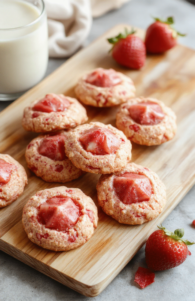 Soft, lightly golden strawberry cookies with a delicate pink hue, each topped with a white chocolate kiss candy, placed on a rustic wooden board beside fresh strawberries and a dusting of powdered sugar
