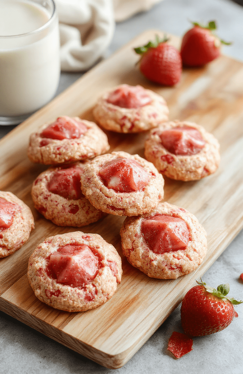 Soft, lightly golden strawberry cookies with a delicate pink hue, each topped with a white chocolate kiss candy, placed on a rustic wooden board beside fresh strawberries and a dusting of powdered sugar