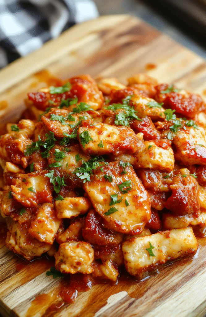 A vibrant bowl of spicy Cajun chicken jambalaya served in a rustic wooden bowl: golden-brown chicken bits, Tender red beans, brown rice, diced bell peppers, onions, and celery, all glistening with Cajun seasoning and drizzled with hot sauce. Fresh parsley garnish and a side of sliced limes add pops of green and yellow.