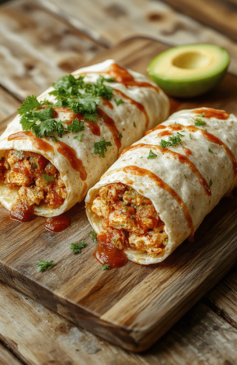 Two sizzling grilled flour tortillas wrapped around juicy chipotle-spiced chicken strips, melted cheese oozing out, with white rice, black beans, shredded lettuce, diced tomatoes, and a squeeze of lime visible through the opening. Garnished with fresh cilantro and a smear of sour cream on the side.