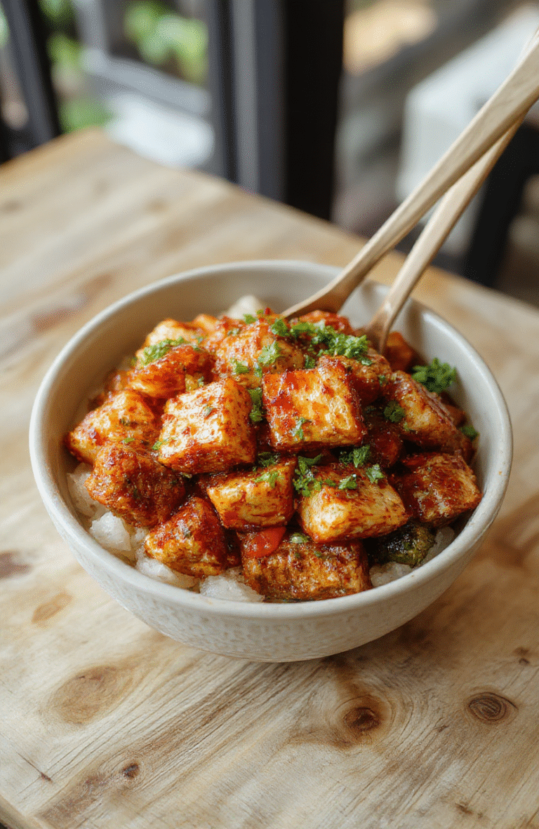 Golden-crispy tofu cubes in a creamy, vibrant orange-red coconut curry sauce with red bell peppers, broccoli florets, and green onions, served over steamed jasmine rice in a white ceramic bowl on a rustic wooden table with soft natural light.
