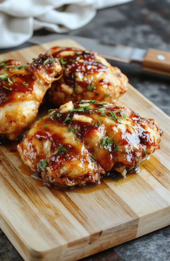 Glossy sticky brown sugar garlic chicken thighs glistening with glaze, arranged on a rustic wooden board, garnished with sesame seeds and sliced green onions, crispy-edged outer layer contrasting with ultra-tender inner meat, served alongside roasted garlic cloves and fresh rosemary sprigs in a sunlit kitchen setting.