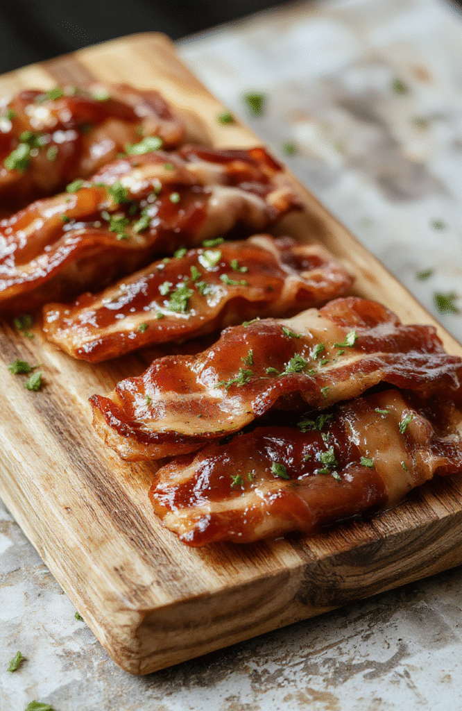 Glossy, caramel-brown sweet bacon smokies arranged on a white ceramic platter, each smokie glistening with sticky maple glaze, crispy bacon ends curled attractively, garnished with fresh thyme sprigs and coarse sea salt flakes on a rustic wooden board, soft natural light highlights the caramelized exterior and juicy interior.